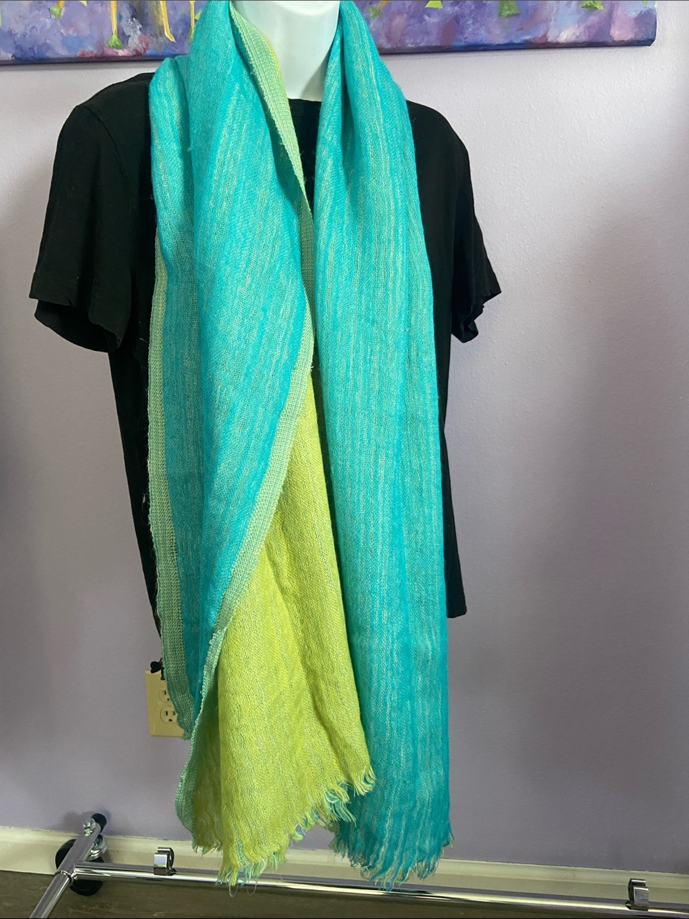 Cashmere Two-Tone Fringe wrap Scarf in Teal and yellow.